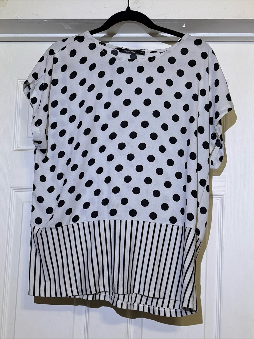 Doe & Rae White Short Sleeve Top with Black Polka Dots & Stripe Hem